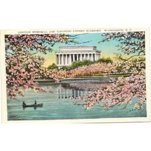 1930s Vintage Postcard Lincoln Memorial and Japanese Cherry Blossoms 