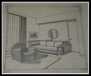French Art Deco Interior Design Drawing Very Mad Men NR  