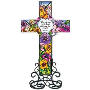 Amia Inspirational Cross with Dragonfly and Pansy Floral Design, Hand 