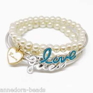 White Pearl Blue Love Guess Silver tone heart Bracelet  