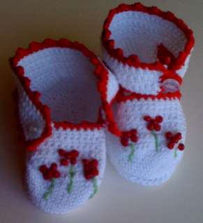 White Red Beaded Crochet Baby Ankle Booties Reborn Doll  