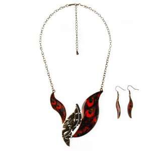   Link Collar Necklace with Red Peacock Design and Earrings Jewelry