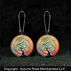 autumn fall tree moon button earrings picture jewelry silver plated