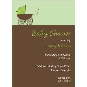    Green And Brown Pram Baby Shower Invitations 