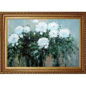 White Chrysanthemums Oil Painting, with Exquisite Dark Gold Wood Frame 