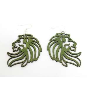  Apple Green Lion Profile Wooden Earrings GTJ Jewelry