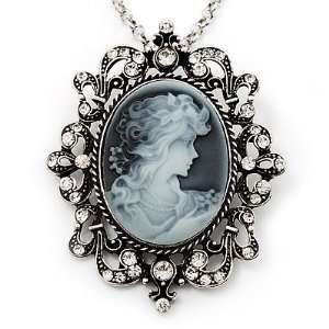 Victorian Diamante Cameo Pendant Necklace In Antique Silver Metal 