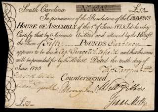 Colonial Currency, SC, June 10, 1775 Fifty Pounds  