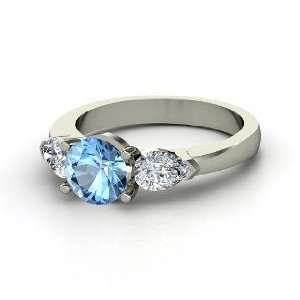  Triad Ring, Round Blue Topaz 14K White Gold Ring with 