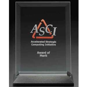   pane beveled glass award on black hardwood base .