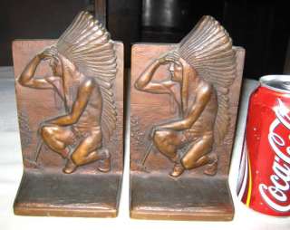   ART SCULPTURE STATUE INDIAN EAGLE FEATHER TOMAHAWK BOOKENDS  