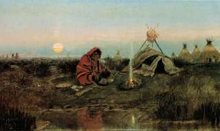   1891 Painting repo, Evening Pipe, Native American, ART Western  