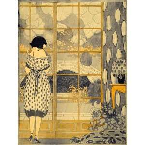  1921 Art Deco Interior Woman Waiting Window Rain Print 