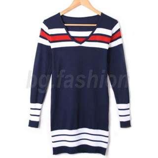 NEW Fashion Womens V Neck Knit Sweater Stripe Pullover Jumper Tops 