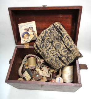 antique victorian PRIMITIVE WOOD BOX w/SEWING pin cush  