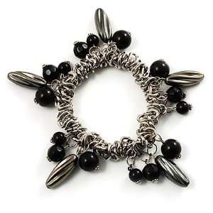 Silver Tone Link Bead Charm Flex Bracelet (Black) Jewelry