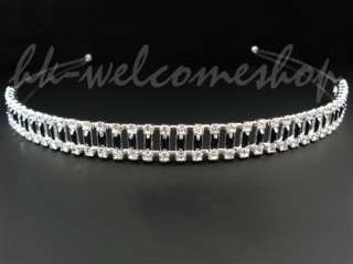 Bridal Wedding 3 Row Black Clear Crystal Headband Tiara T1082