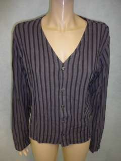   Black Striped Rayon Linen Button Up Blouse Top Shirt M Medium  