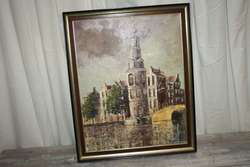 Vintage Oil Painting City Scene Amsterdam Church Tower Canal Houses 