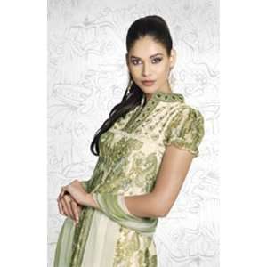  Women White with Green Attractive Designer Churidar Kameez 
