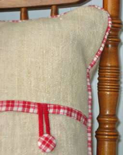 French Grain Sack Pillow w/ Red Stripes Antique Vintage  