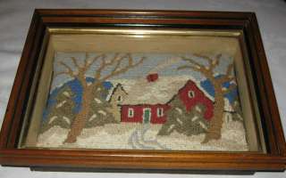 ANTIQUE PRIMITIVE WINTER SNOW COUNTRY HOME HOOKED RUG ART WOOD 