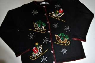 Ugly Tacky Holiday Sweater Size M Medium Black Sleigh Sequins Beads 