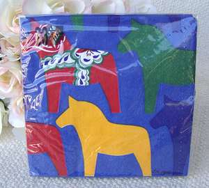 Swedish Paper Napkins ~ Red Dala Horse on Blue Background 