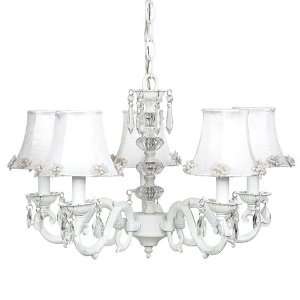  5 Arm Glass Turret Chandelier in White with White Pearl 