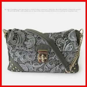 Lace + PU Leather Purse Shoulder Baguette Bag Handbag Messenger Rivet 