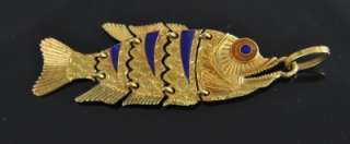   Vtg 18K Gold Blue Enamel Articulated 3D Fish Lure Charm Pendant  