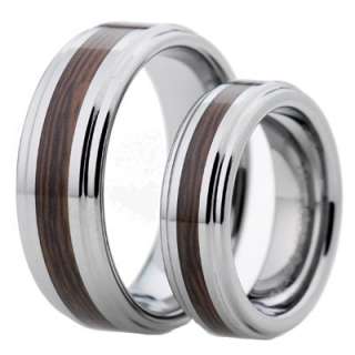 His Hers Tungsten Carbide Wood Inlay Shinny Step Edges 2 pcs Wedding 