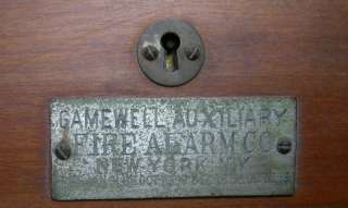 Gamewell Auxil i ary Fire Alarm Co Wood Box . Has Pat date on the 