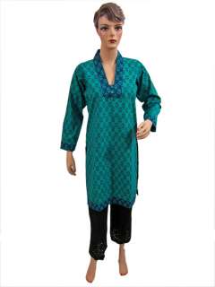 Trendy Fashion Designer Women Tunic TopTurquoise Printed Cotton Kurti 