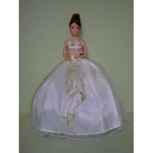  White Ball Gown with Flowers Made to Fit the Barbie Doll 