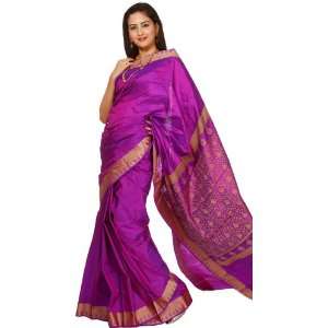 Purple Valkalam Sari from Bangalore with Hand Woven Paisleys   Pure 