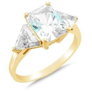  Gold 3 Three Stone Emerald Cut Solitaire with trillion Side Stones 