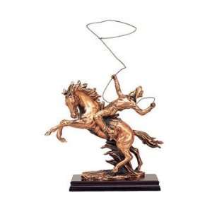 12.5 inch Copper Color Cowboy With Lasso And Two Horses 