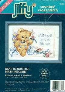 Ruth Morehead BEAR IN BOOTIES BIRTH RECORD Baby Newborn Cross Stitch 