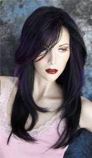 Wigs Black with Deep Purple Highlight Top Long Layers Wig US Seller 