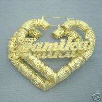 10K Gold Heart Door Knocker Bamboo Name Earrings 3HB66  