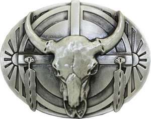 BULL SKULL and FEATHERS BELT BUCKLE Indian Native American western 