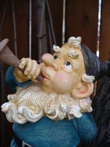 10 INCH GNOME BLOWING TRUMPET NOME BLUE SHIRT HORN  