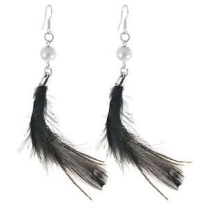   Bead Decor Black Feather Pendant Dangle Earrings for Women Jewelry