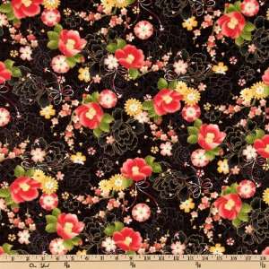  44 Wide Pearl River Oriental Flowers Black Fabric By The 