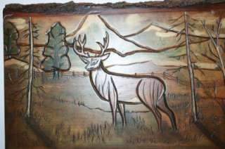 WoodBurning Art Chiseled Colored Deer Wood Plank Plaque  