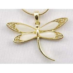 Golden Tone Light Ivory Creamy Enamel Insects Fly Dragonfly Pendant 