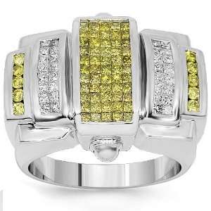 14K White Gold Mens Diamond Pinky Ring with Yellow Diamonds 2.07 Ctw