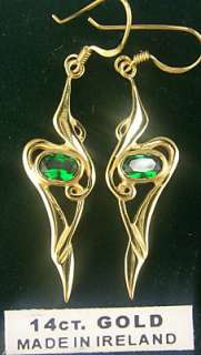 14K Yellow Gold Sterling Silver Emerald Celtic Dangle Earrings Irish 