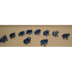  Set of 10 Blown Glass Blue Frog Figurines with Golden 